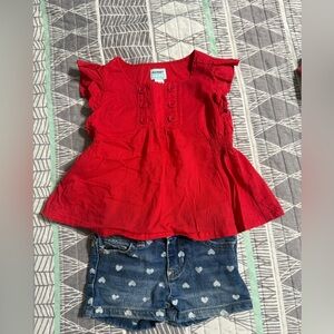 18 Month Baby Girl’s Outfit Set Red Blouse and Heart Blue Jean Shorts